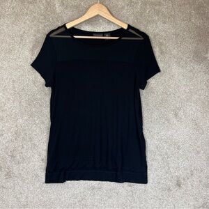 Tahari Shirt Womens Medium Black Sheer Neck Short Sleeve Stretch Blouse- 3653